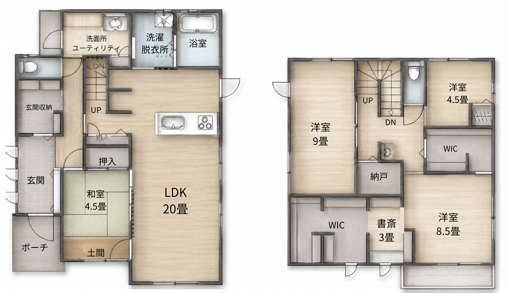 1階・2階の間取り図（4LDK+S・LDK約20帖・洋室約9帖ほか）